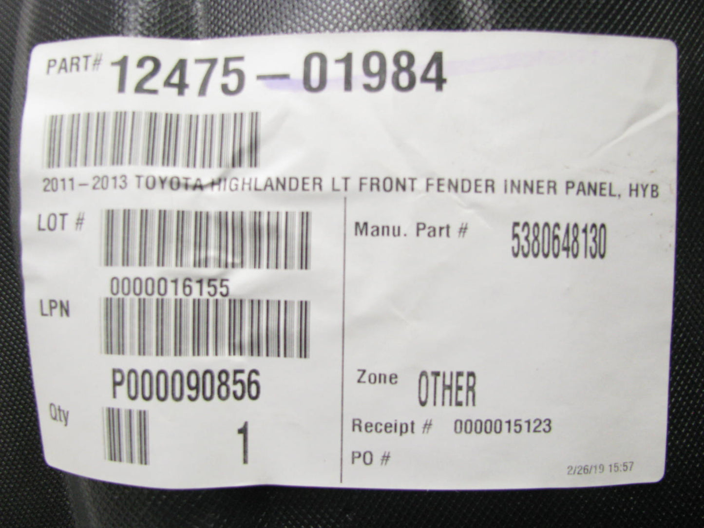 Replacement Front Left Fender Liner For 11-13 Toyota Highlander Hybrid