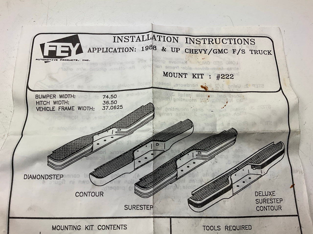 FEY 92220 Rear Bumper Bar Mounting Kit 1988-1998 Chevy GMC K2500 Truck C2500