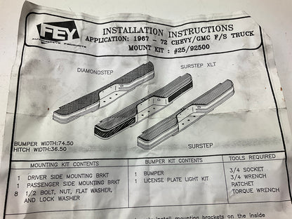 Fey 92500 Rear Bumper Mounting Bracket  Kit 1967-1972 Chevy/GMC C/K Pickup Truck