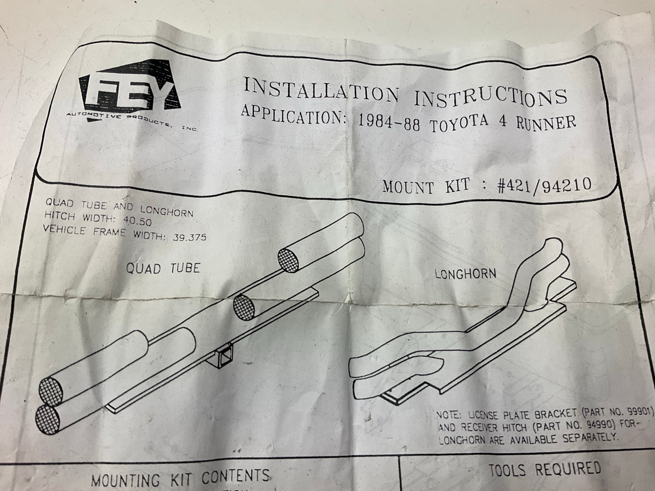 Fey 94210 Quad Tube Rear Bumper Mount Bracket Install Kit 1984-88 Toyota 4Runner