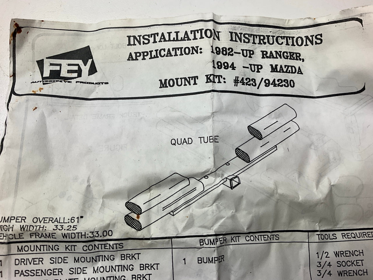 FEY 94230 Quad Tube Rear Bumper Mounting Bracket Kit 1982-2014 Ford Ranger