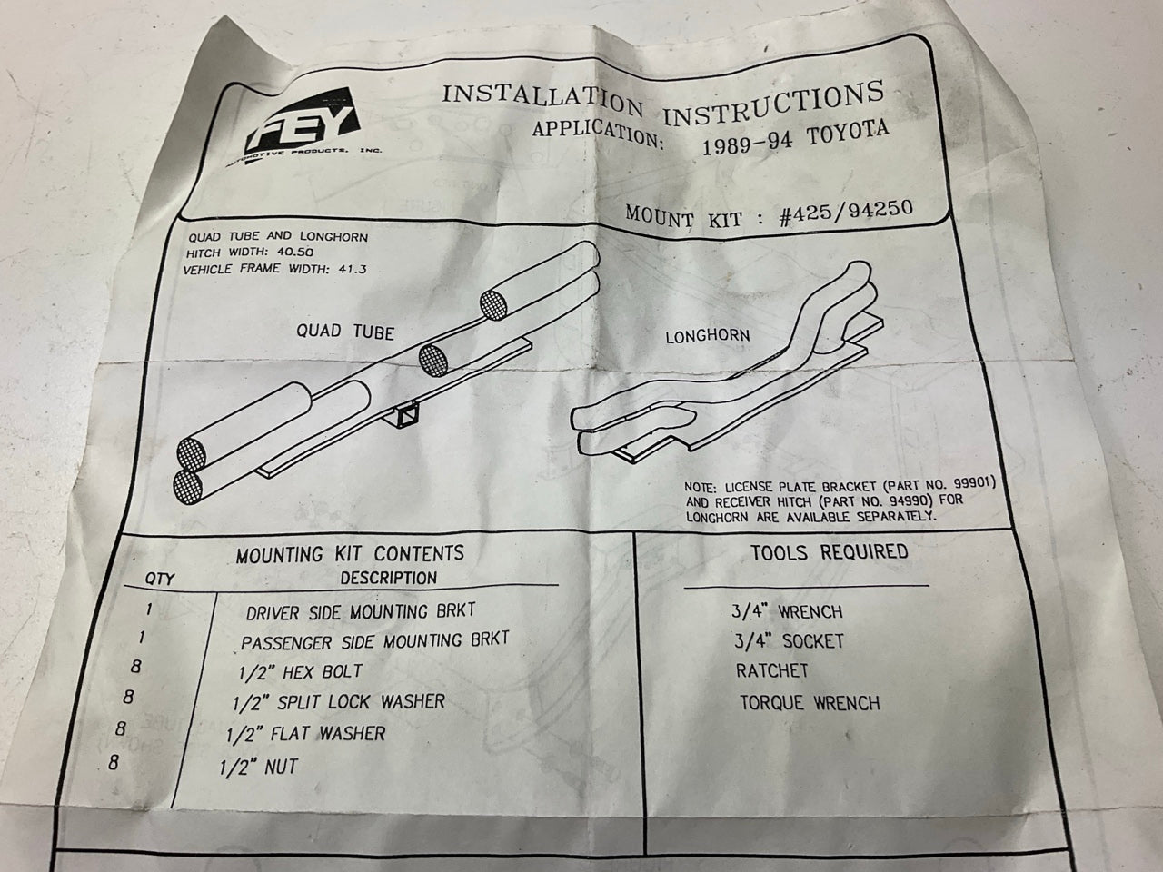 FEY 94250 1989-1994 Toyota Pickup Rear Quad Tube Bumper Bracket Mount Kit