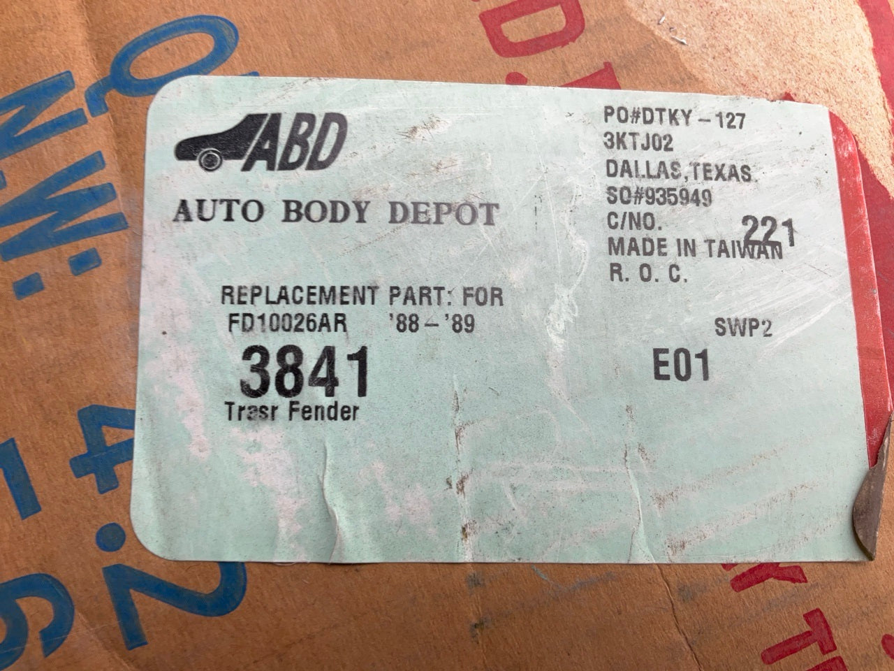 NEW AFTERMARKET FD10026AR Right Fender 1986-1987 Tracer 5-Door (Hatch Or Wagon)