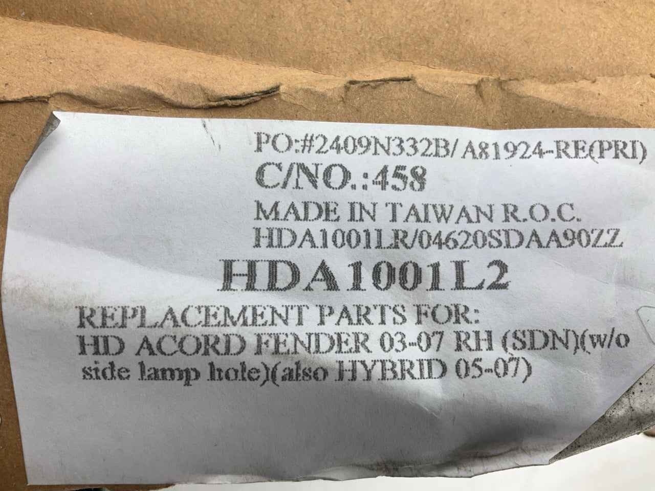 DENTED Front Right Passenger Side Fender 2003-07 Honda Accord - AFTERMARKET