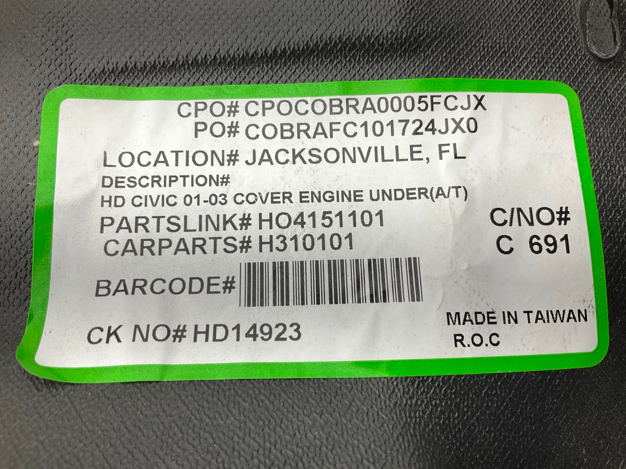 HO4151101 Lower Under Engine Splash Shield Cover 2001-05 Civic - AFTERMARKET