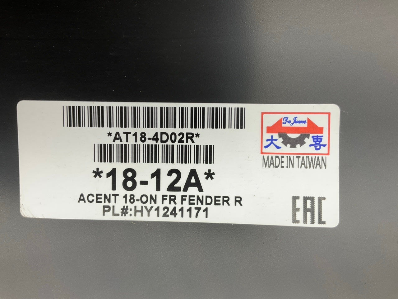 HYA1001SR Front Right Fender For 2018-2022 Hyundai Accent