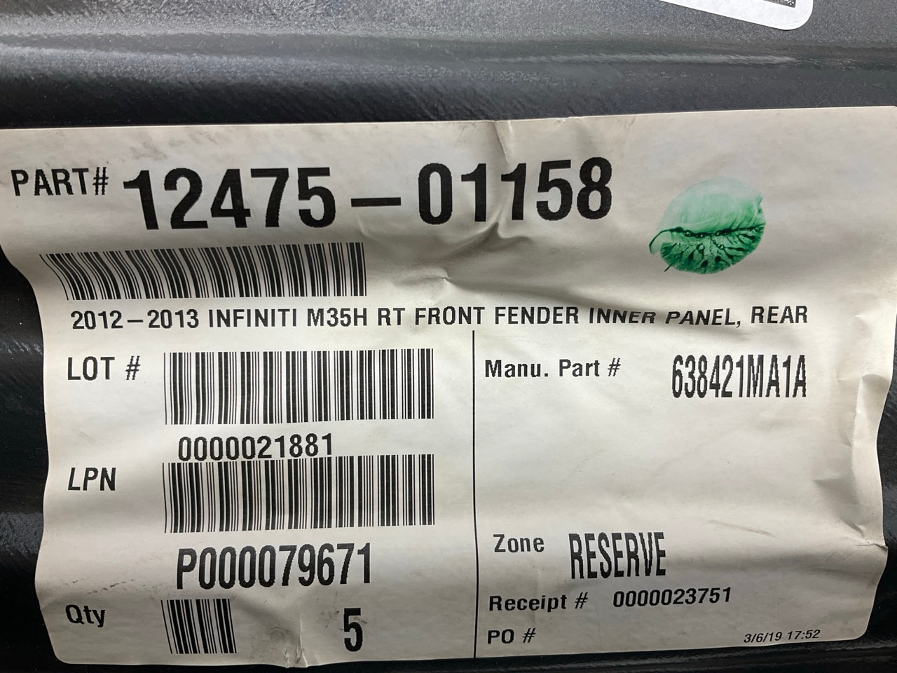 NEW AFTERMARKET IN1249124 Front Right Rearward Fender Liner