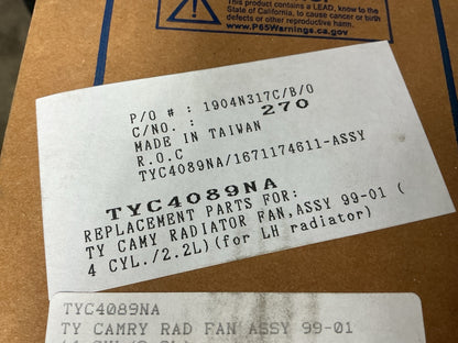 NEW TYC4089NA Radiator Cooling Fan - 1999-2001 Toyota Camry 2.2L 4-CYL