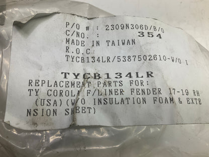 NEW AFTERMARKET TYCB134LR Front Right Fender Liner TO1249210
