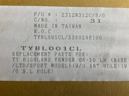 NEW AFTERMARKET TYHL001CL Front Left Fender - 2008-2010 Toyota Highlander