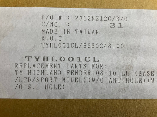 NEW AFTERMARKET TYHL001CL Front Left Fender - 2008-2010 Toyota Highlander