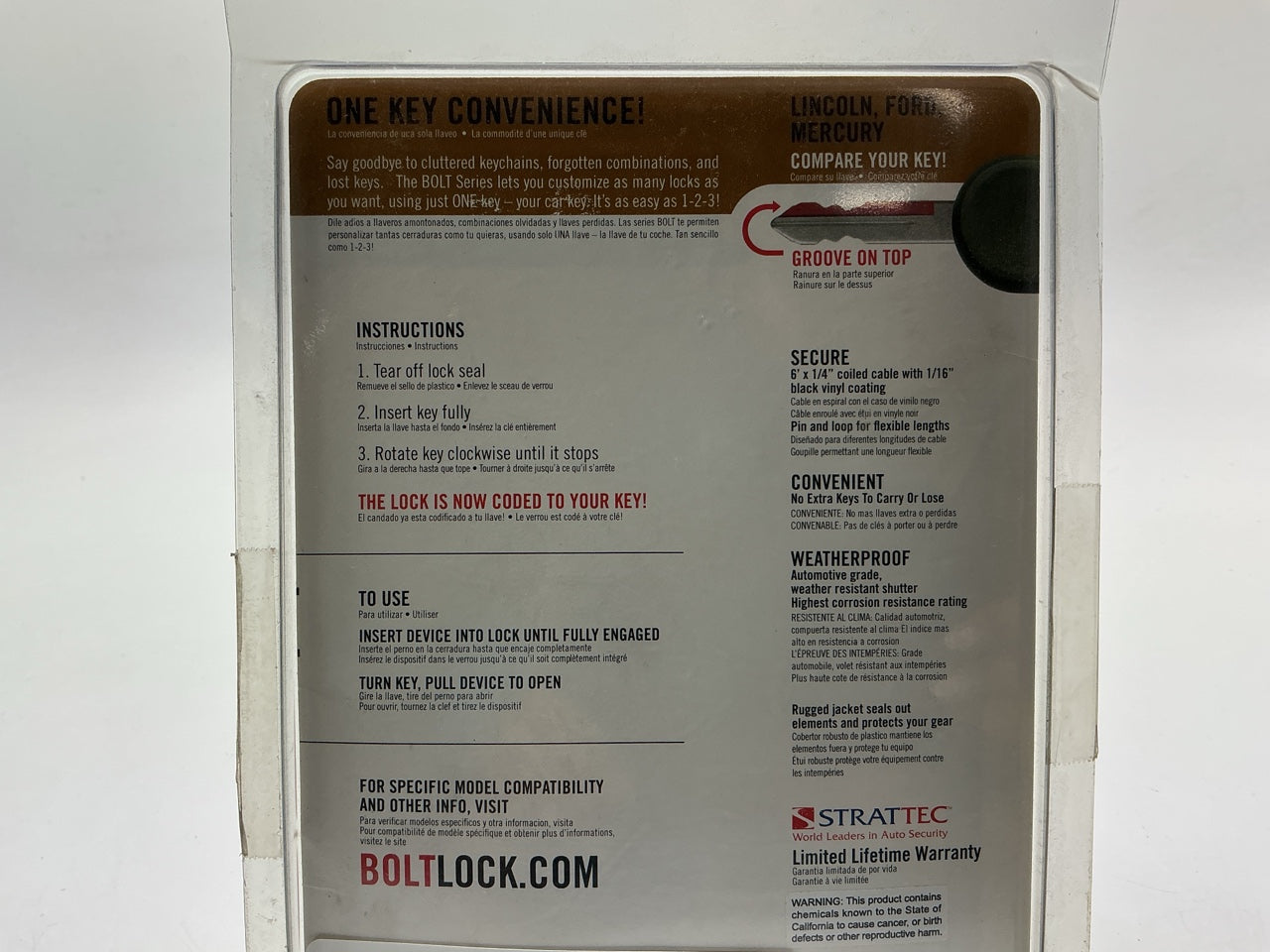 Bolt 7018451 6' Cable Lock For Ford, Lincoln & Mercury, 1/4'' Black Vinyl Coated