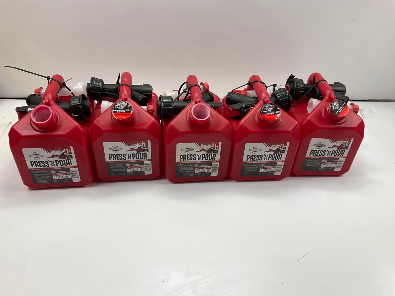 (5) Briggs & Stratton GB310 Press 'N Pour Gasoline Red Plastic Gas Cans 1 Gallon