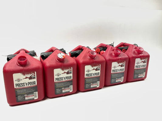 (5) Briggs & Stratton GB320 Press-N-Pour Fuel Gas Can Containers, 2 Gallon, Red