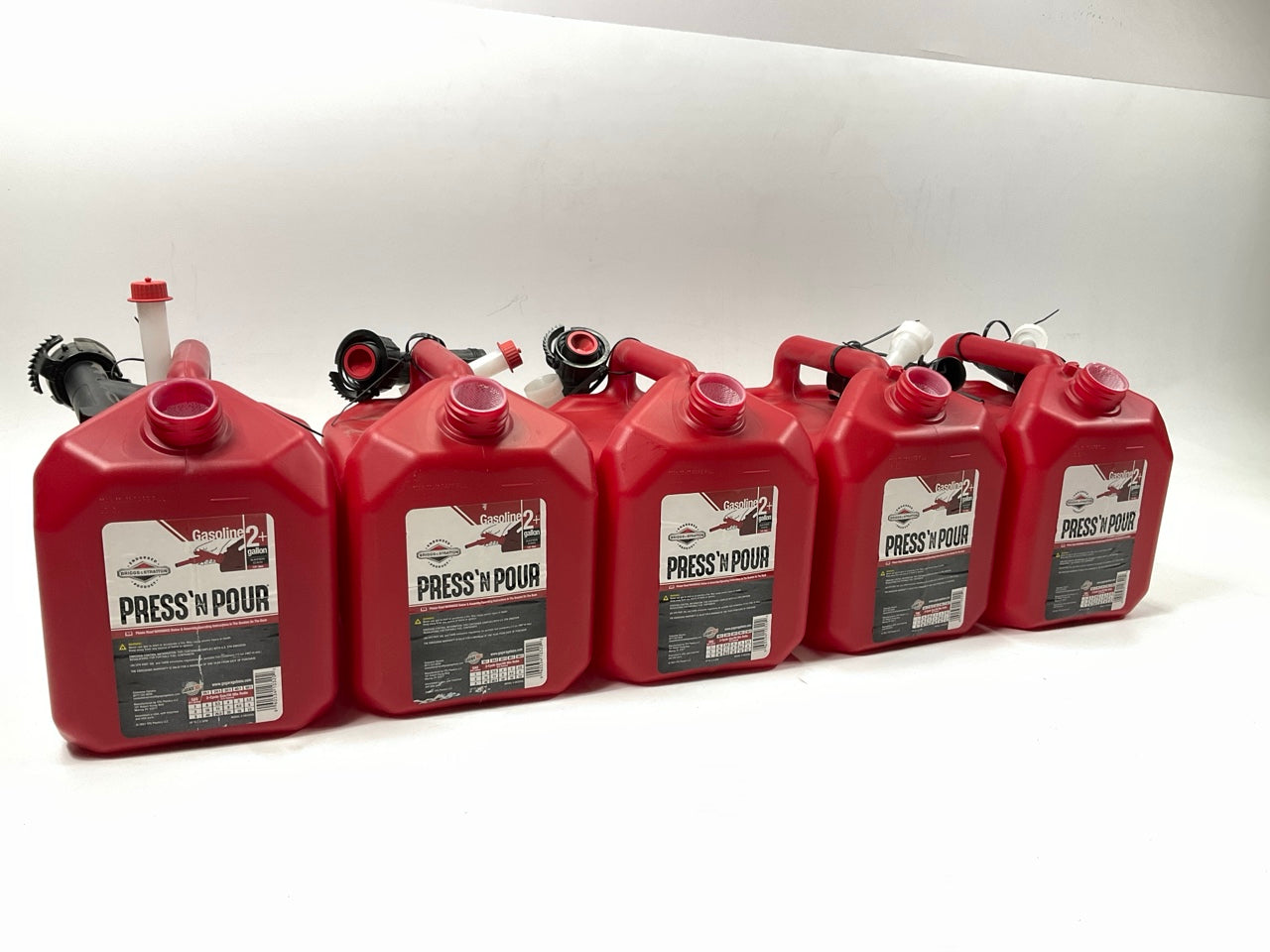 (5) Briggs & Stratton GARAGE BOSS GB320SL Press N Pour Gas Cans, 2+ Gallon, Red