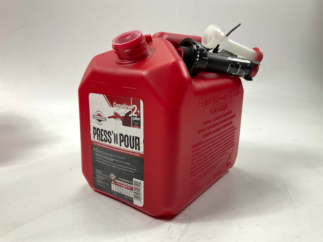 (5) Briggs & Stratton GARAGE BOSS GB320SL Press N Pour Gas Cans, 2+ Gallon, Red