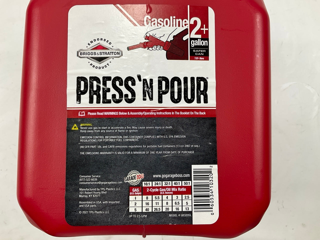 (5) Briggs & Stratton GARAGE BOSS GB320SL Press N Pour Gas Cans, 2+ Gallon, Red