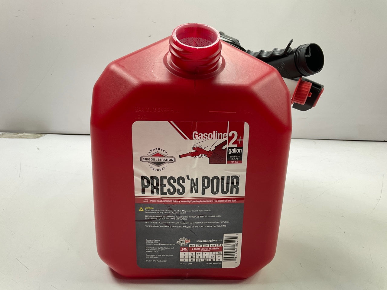 Briggs And Stratton GARAGE BOSS GB320SL Press N Pour Gas Can, 2+ Gallon, Red