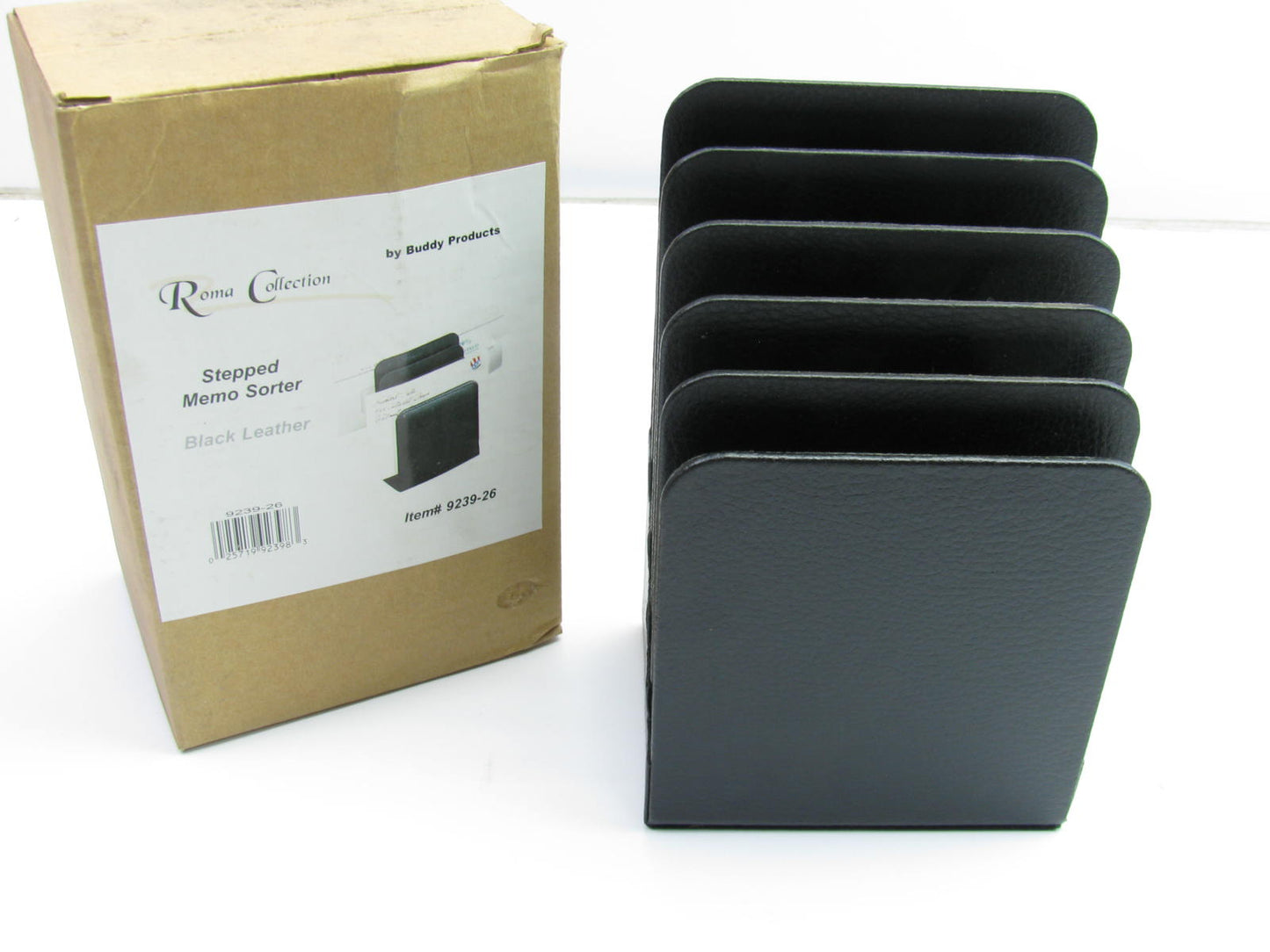 Buddy 6.5''x 3.25''x 4'' Stepped Memo & Mail Sorter, Black Leather Organizer