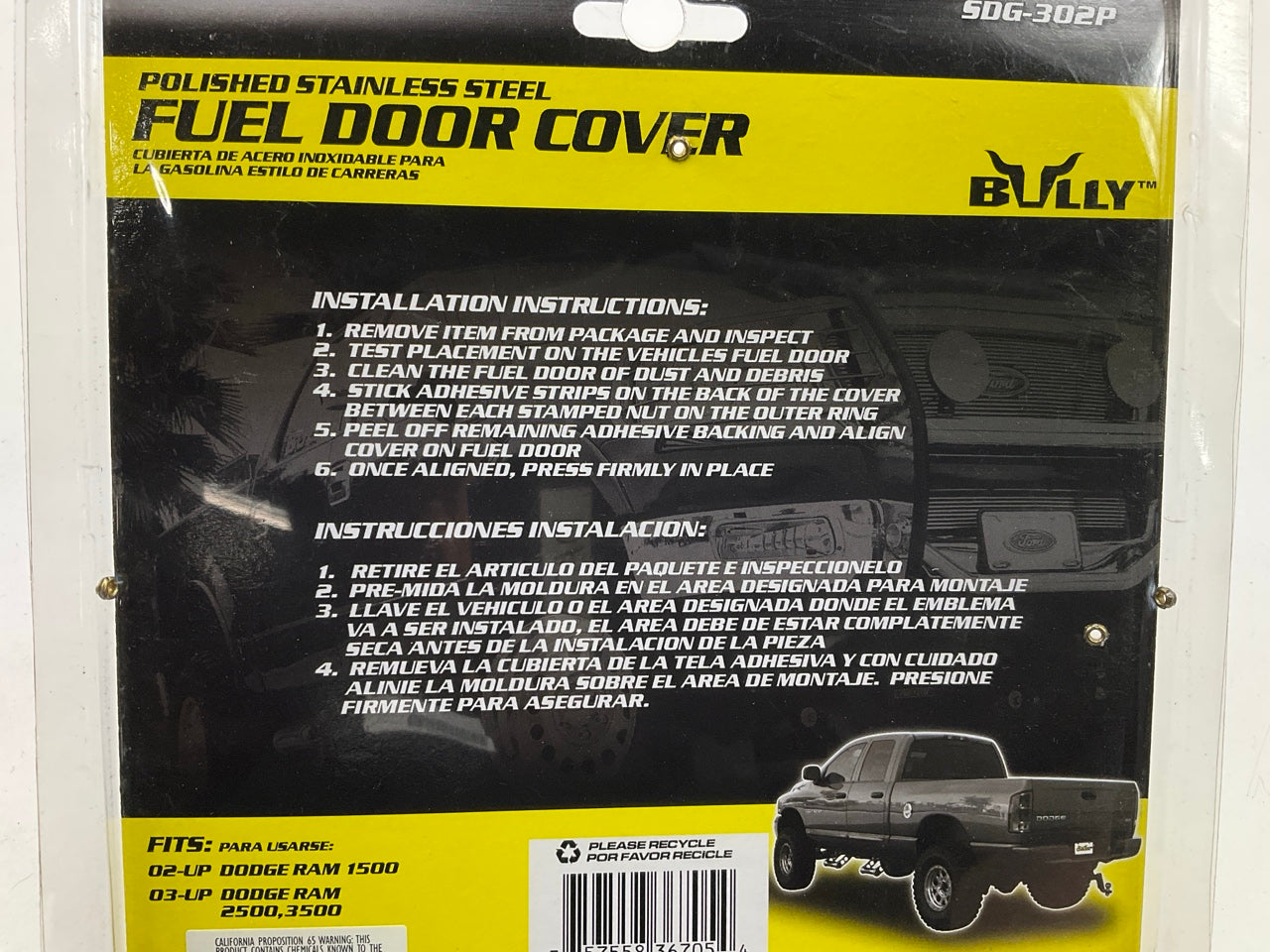 Bully SDG302P Stainless Fuel Filler Door Cover For 2002-2008 Ram Truck, Stick-on
