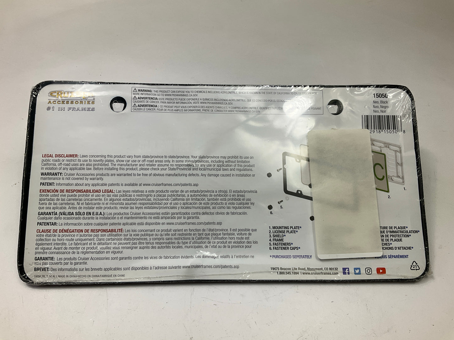 Cruiser 15050 Black Neo License Plate Frame + Locking Stainless Hardware Bolts