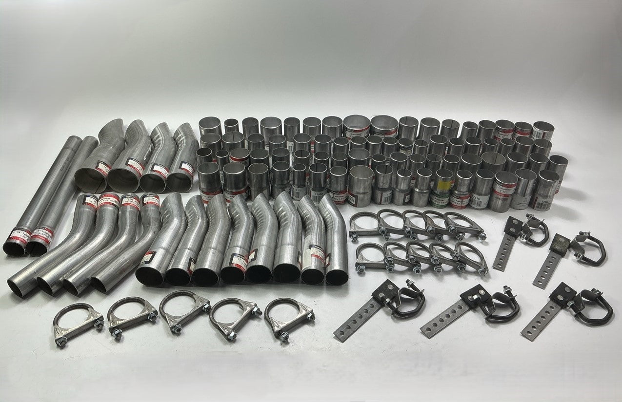 110 Piece Exhaust Component Lot: Common Adapters, Exhaust Pipe Elbows & Clamps