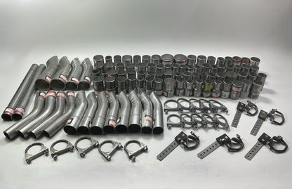 110 Piece Exhaust Component Lot: Common Adapters, Exhaust Pipe Elbows & Clamps