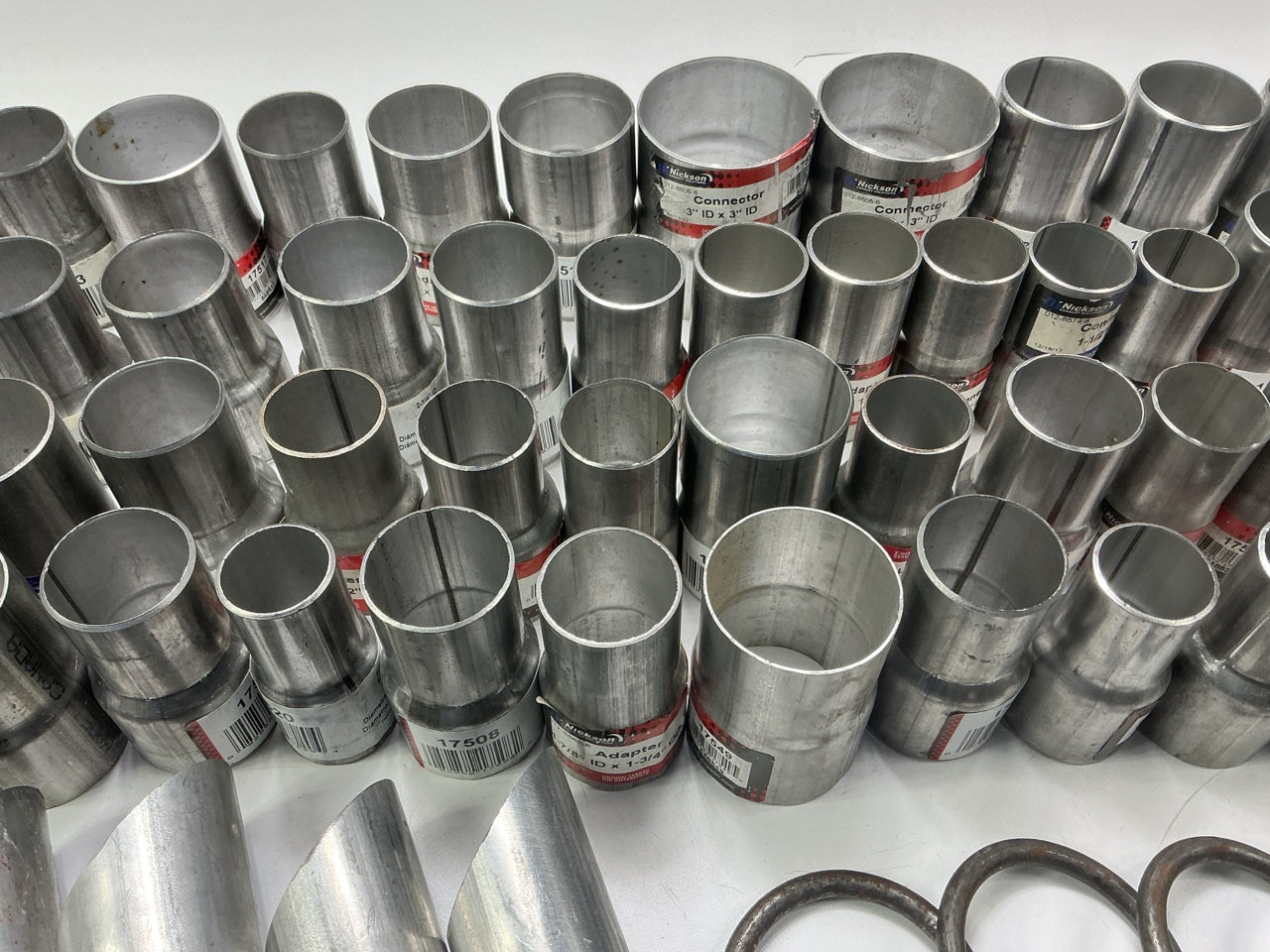 110 Piece Exhaust Component Lot: Common Adapters, Exhaust Pipe Elbows & Clamps