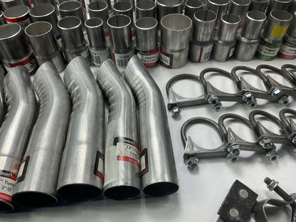 110 Piece Exhaust Component Lot: Common Adapters, Exhaust Pipe Elbows & Clamps