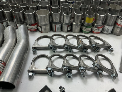 110 Piece Exhaust Component Lot: Common Adapters, Exhaust Pipe Elbows & Clamps