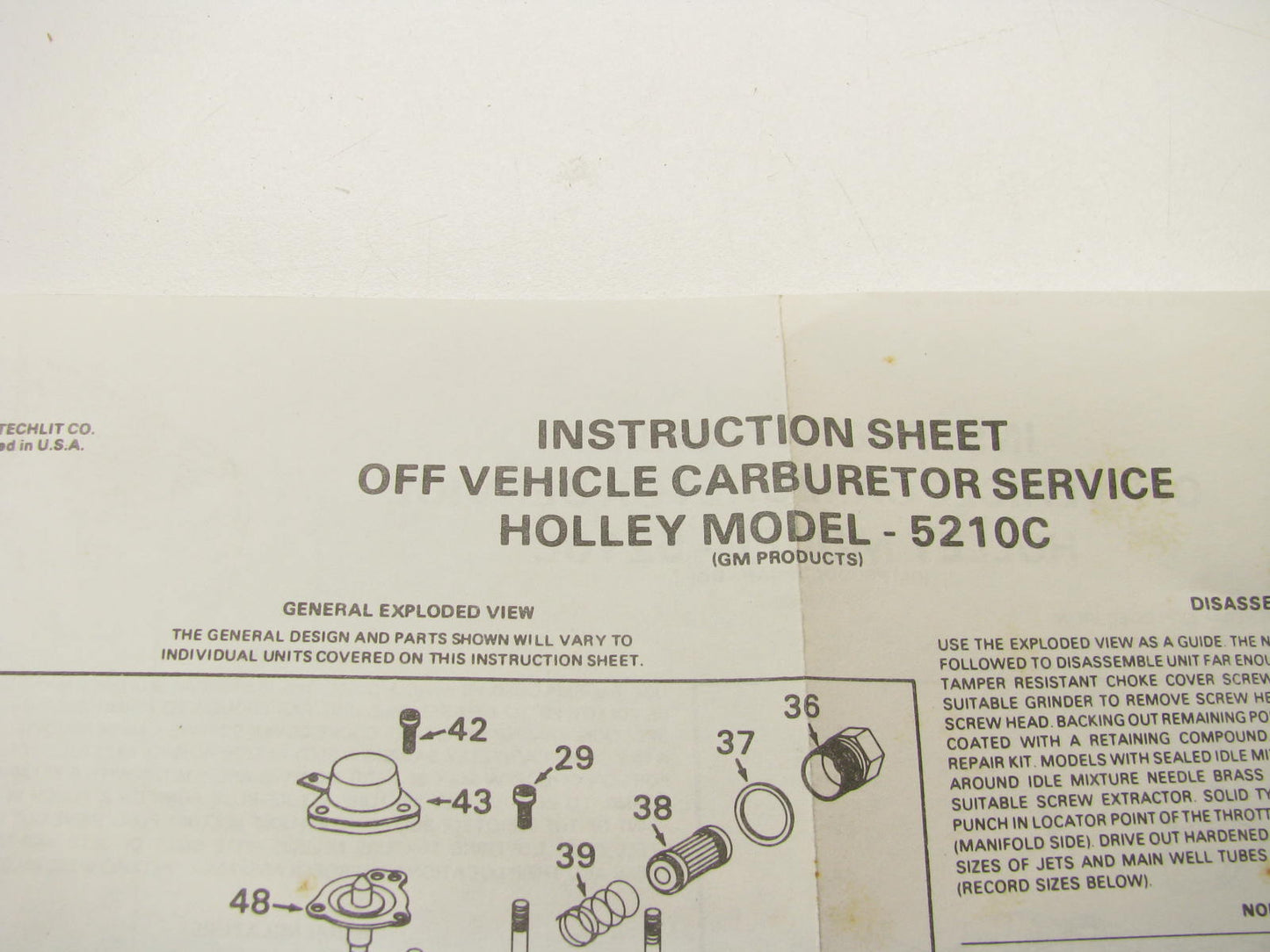 BWD 10698A Carburetor Rebuild Kitt 1979-1987 GM 1.6L For Holley Model 5210C