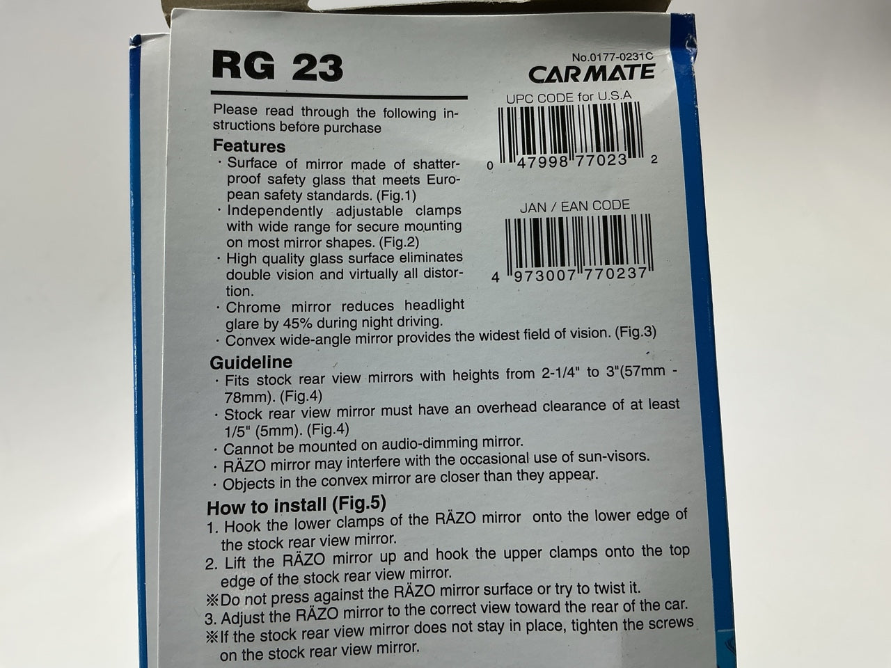 Car Mate RG23 Convex Wide Rear View Mirror Clip-On, Universal Fitment, 300mm