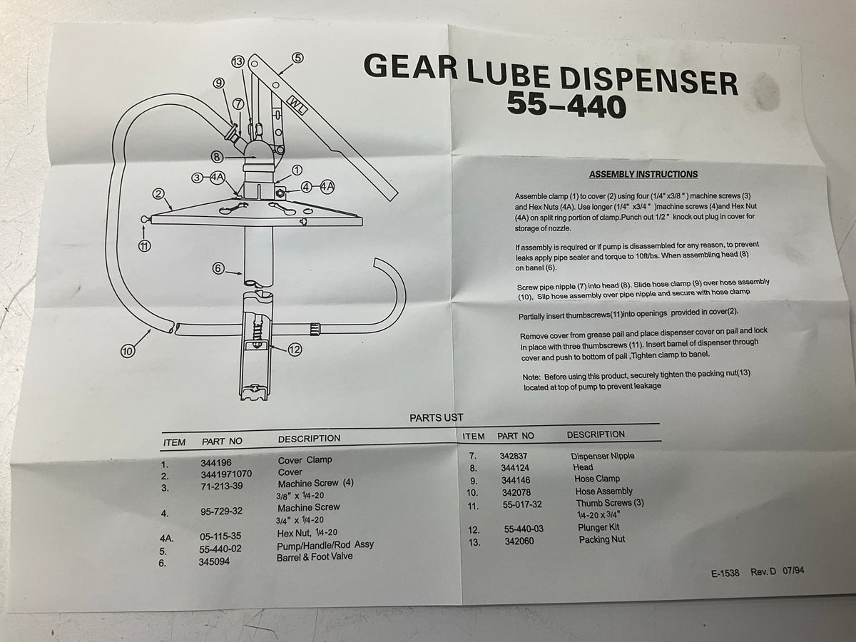 LubriMatic 55-440 Lever Action Pail Pump Gear Oil Pump Inside Carquest Box