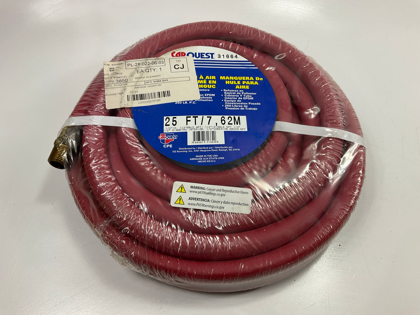 Carquest 31664  Impact Tool Air Hose, 1/2'' ID X 25 Feet,  1/2'' Male NPT Both End