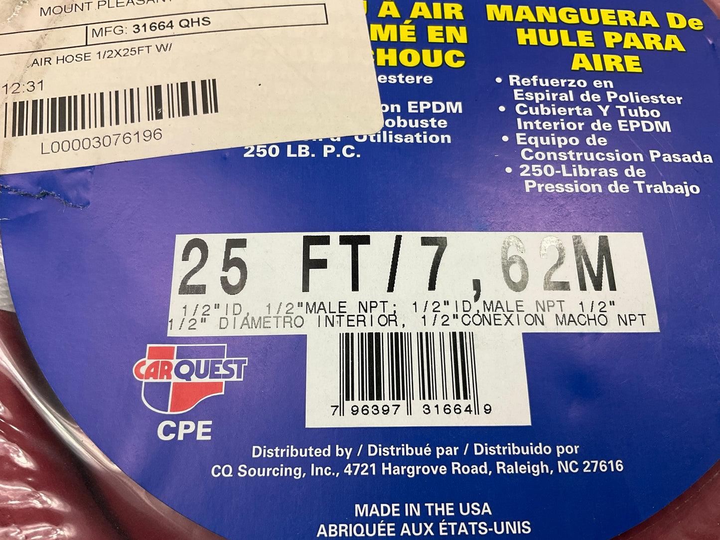 Carquest 31664  Impact Tool Air Hose, 1/2'' ID X 25 Feet,  1/2'' Male NPT Both End