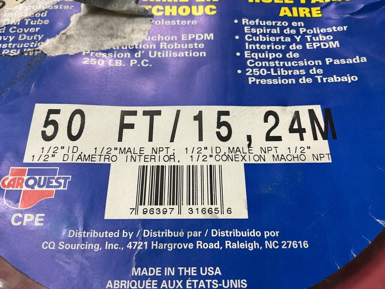 Carquest 31665 1/2'' Rubber Air Hose 50 Feet, MADE IN USA