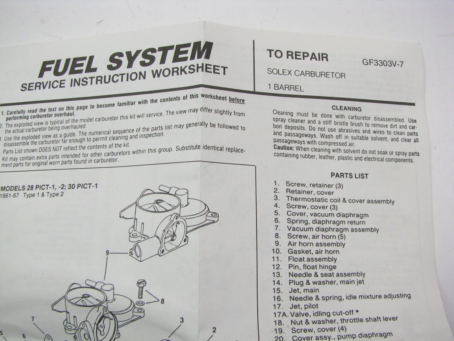 Carquest 793 Carburetor Rebuild Repair Kit - 1972-1974 VW Bus 1.6L Solex 1-BBL