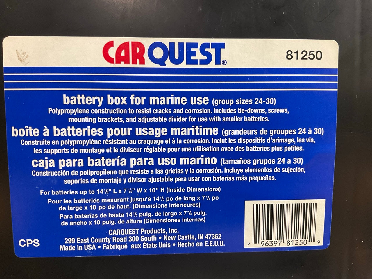 Carquest 81250 Battery Box For Marine Use (group Sizes 24-30)