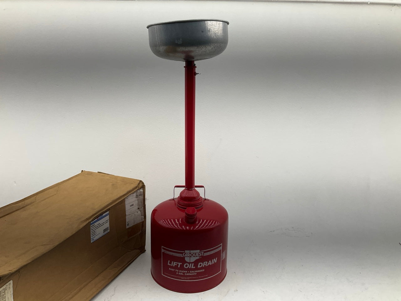 COSMETIC DAMAGE, SEE PHOTOS - 5 Gallon Lift Oil Drain Pan Canister W/ Funnel