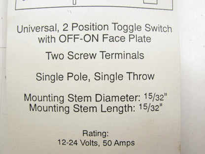 Carquest DS-190 Universal, 2 Position Toggle Switch,  SinglePole, Single Throw