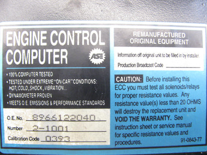 Carquest EM1001 Engine Control ECM Computer 1983-1984 Toyota Celica 2.8L MANUAL