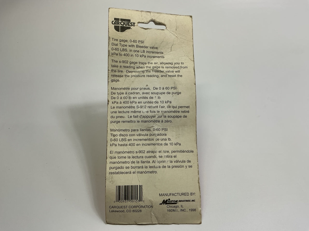 Carquest Packaged - Made By Milton, S902 Tire Air Pressure Gauge As Shown