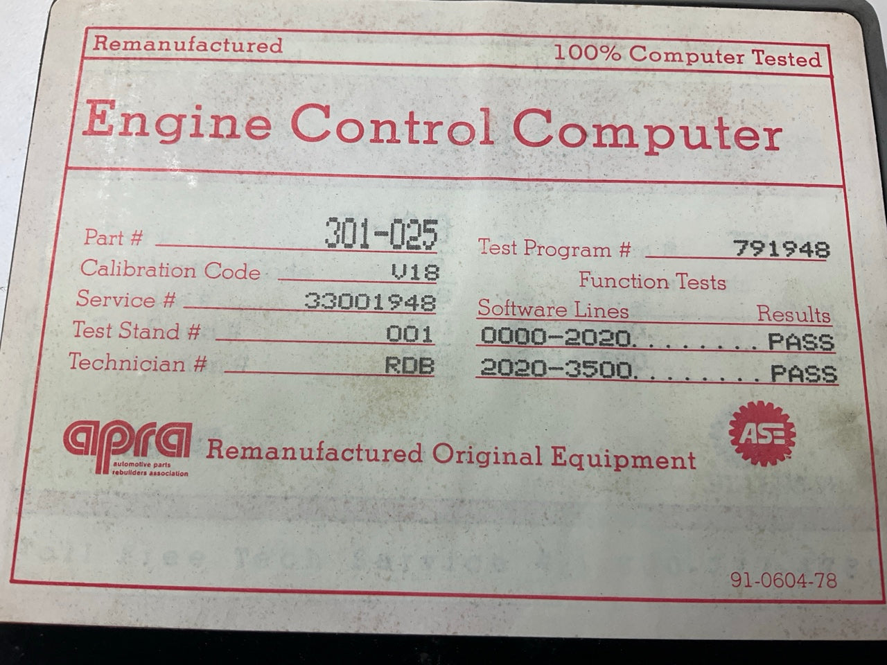 Reman. Carter 301-025 Engine Control Module ECM 1983 Renault Alliance MT 1.4L