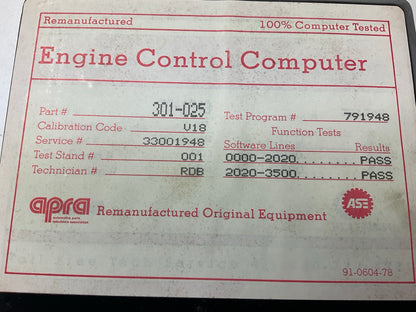 Reman. Carter 301-025 Engine Control Module ECM 1983 Renault Alliance MT 1.4L
