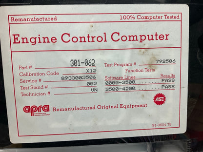 REMAN Carter 301-062 Engine Computer ECU 85-86 Renault Alliance Encore 1.7L Auto
