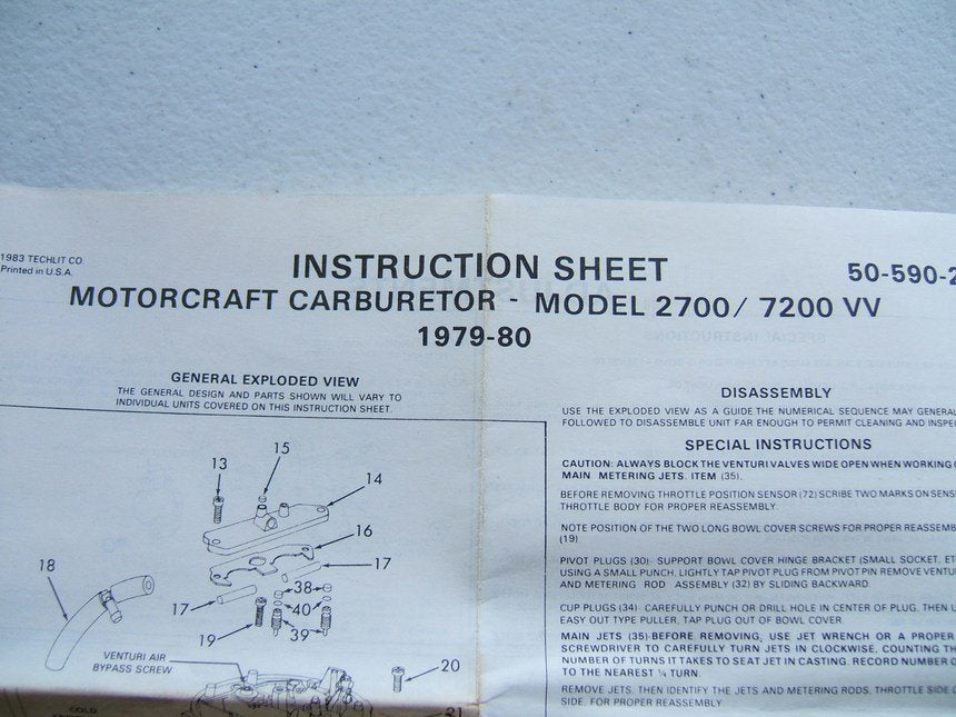 1979-1981 Ford Motorcraft 2700 / 7200 VV Variable Venturi Carburetor Rebuild Kit