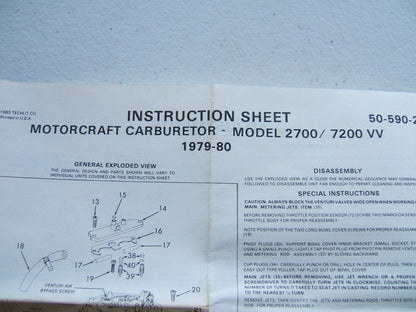 1979-1981 Ford Motorcraft 2700 / 7200 VV Variable Venturi Carburetor Rebuild Kit