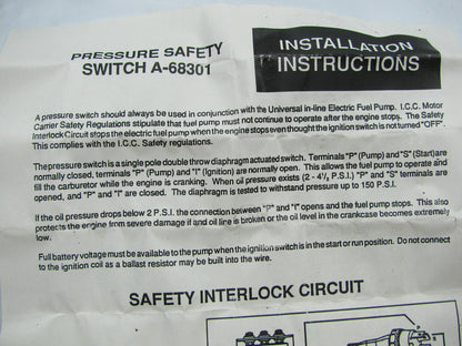 Carter Oil Pressure Safety Switch A68301 Electric Fuel Pump Circuit Stopper