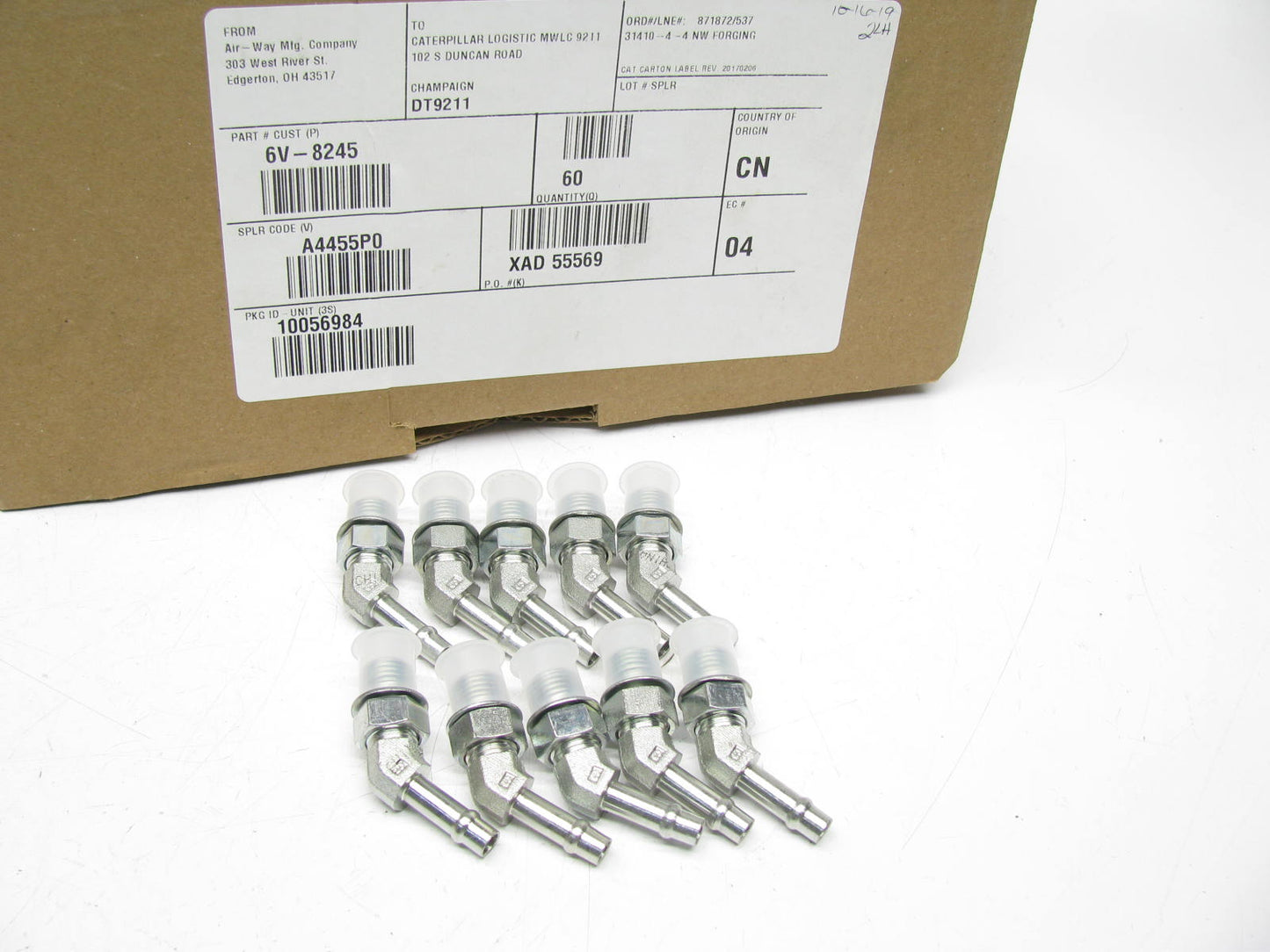 (x10) Genuine For CAT 6V-8245 - 45 Deg. Hydraulic Fittings - 10 PACK