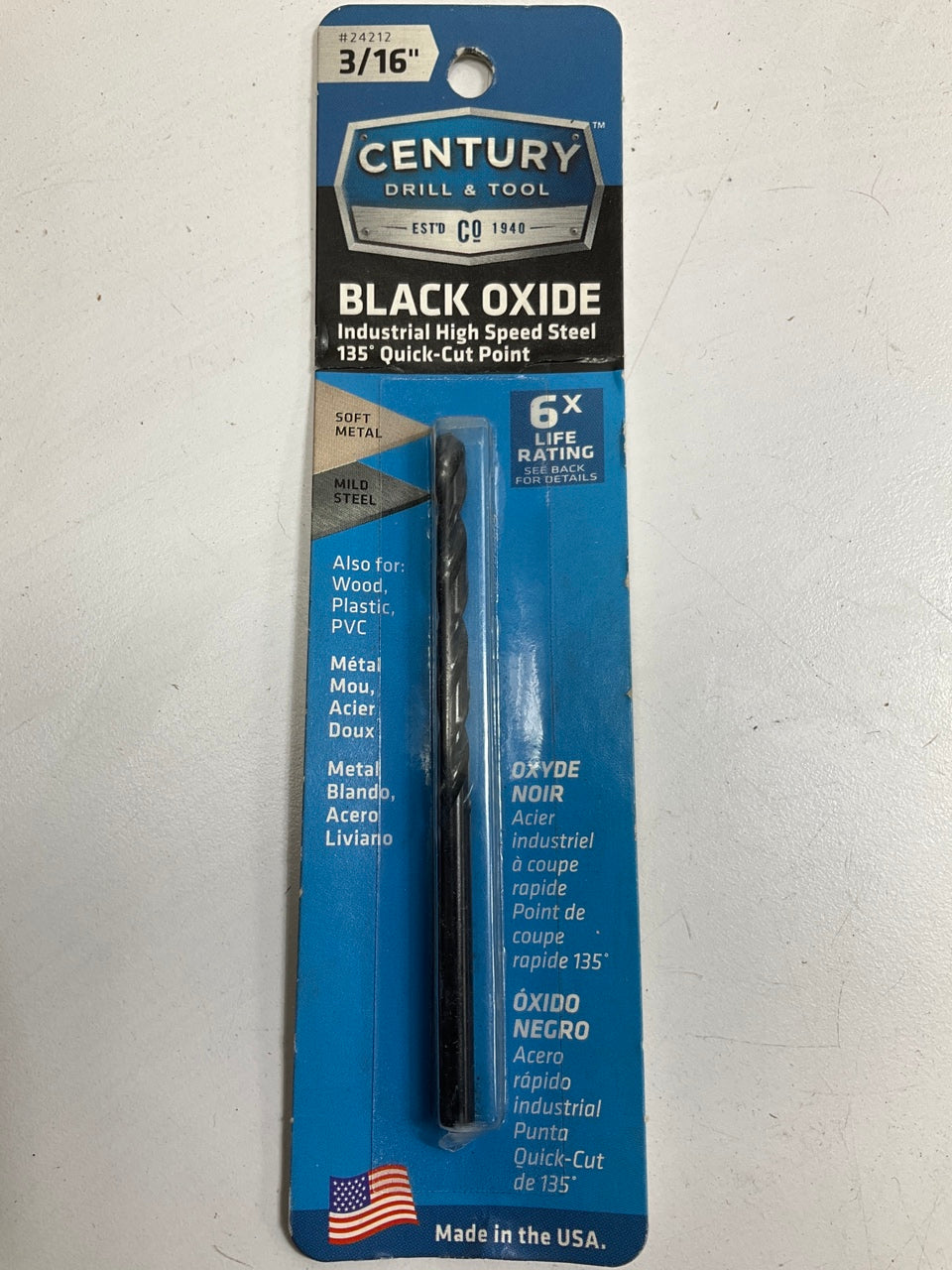 Century 24212 Pro Grade Black Oxide Drill Bit, 3/16